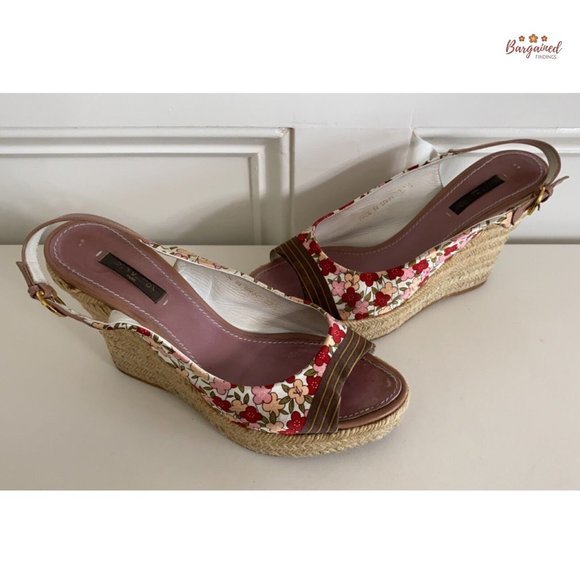 Auth LOUIS VUITTON Floral Satin Fabric Patent Ankle Strap Espadrille Wedge 7.5 - Picture 10 of 15